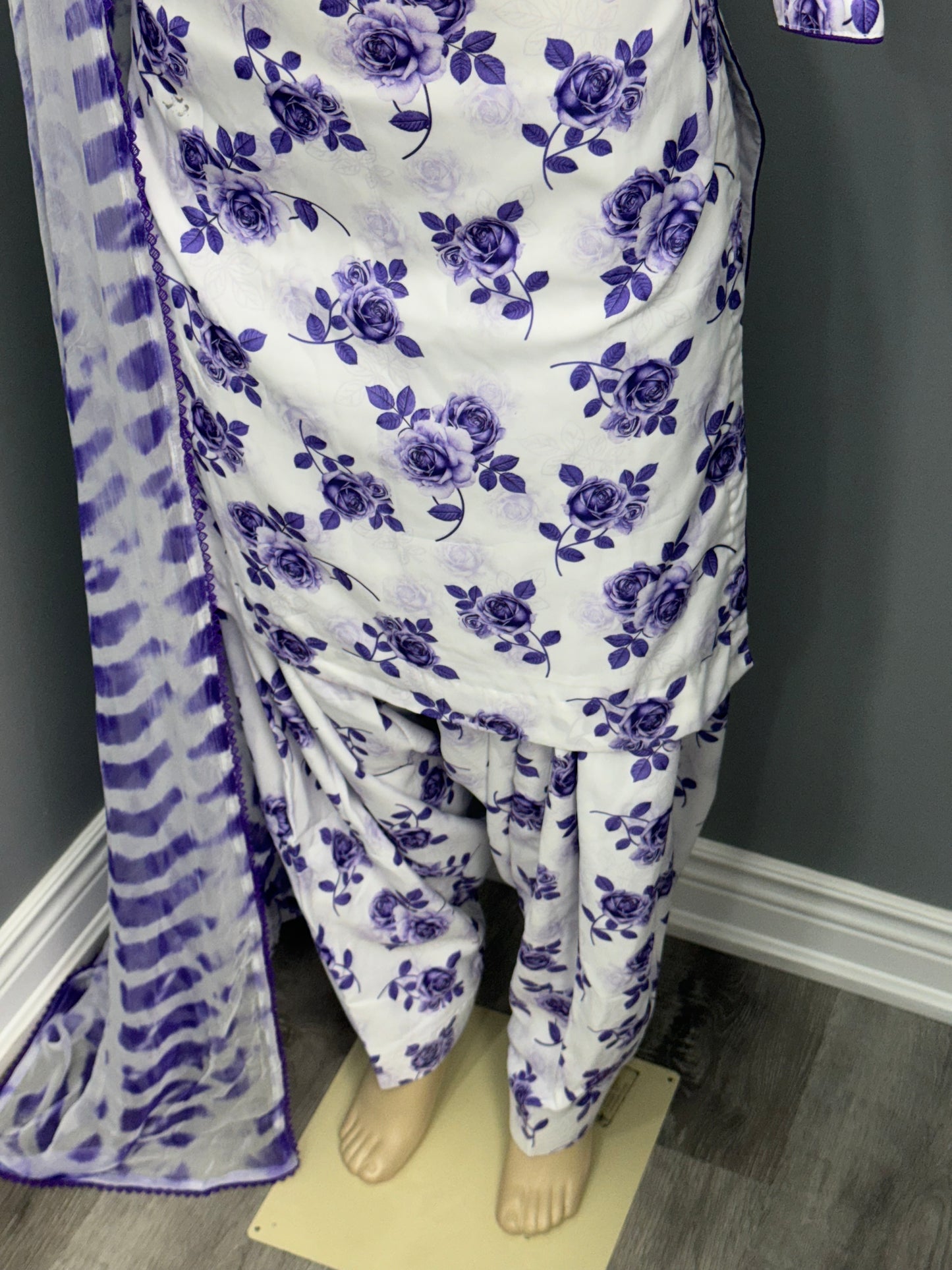 Printed Crepe Salwar Suit- White Purple