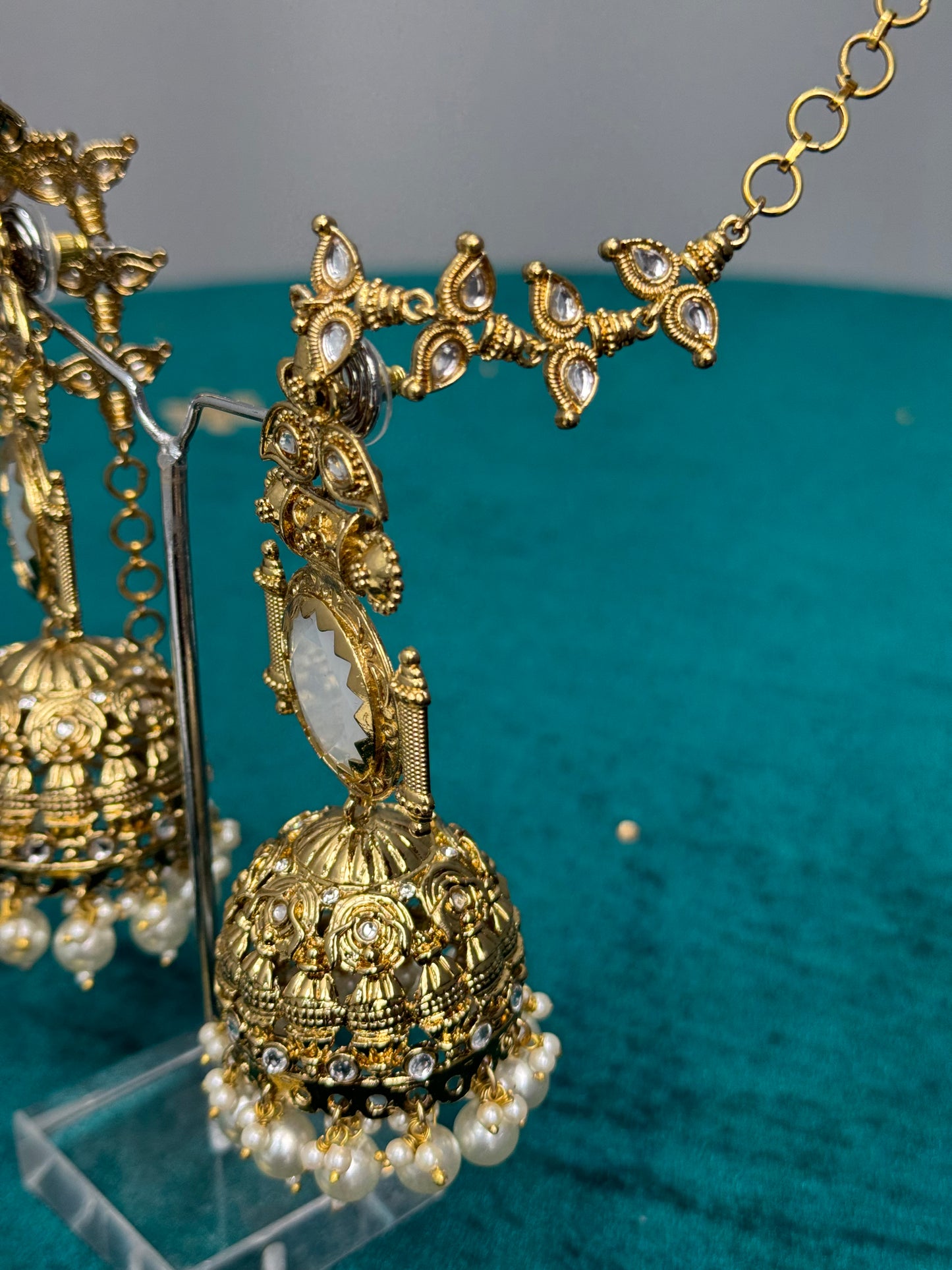 Gold-Plated Jhumka Earrings with Kundan and Pearl Detailing