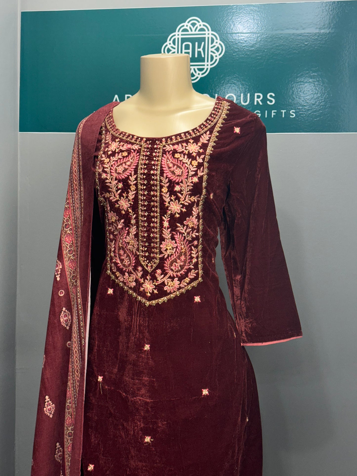 Maroon Velvet Readymade Plazo Suit- AK7475-06