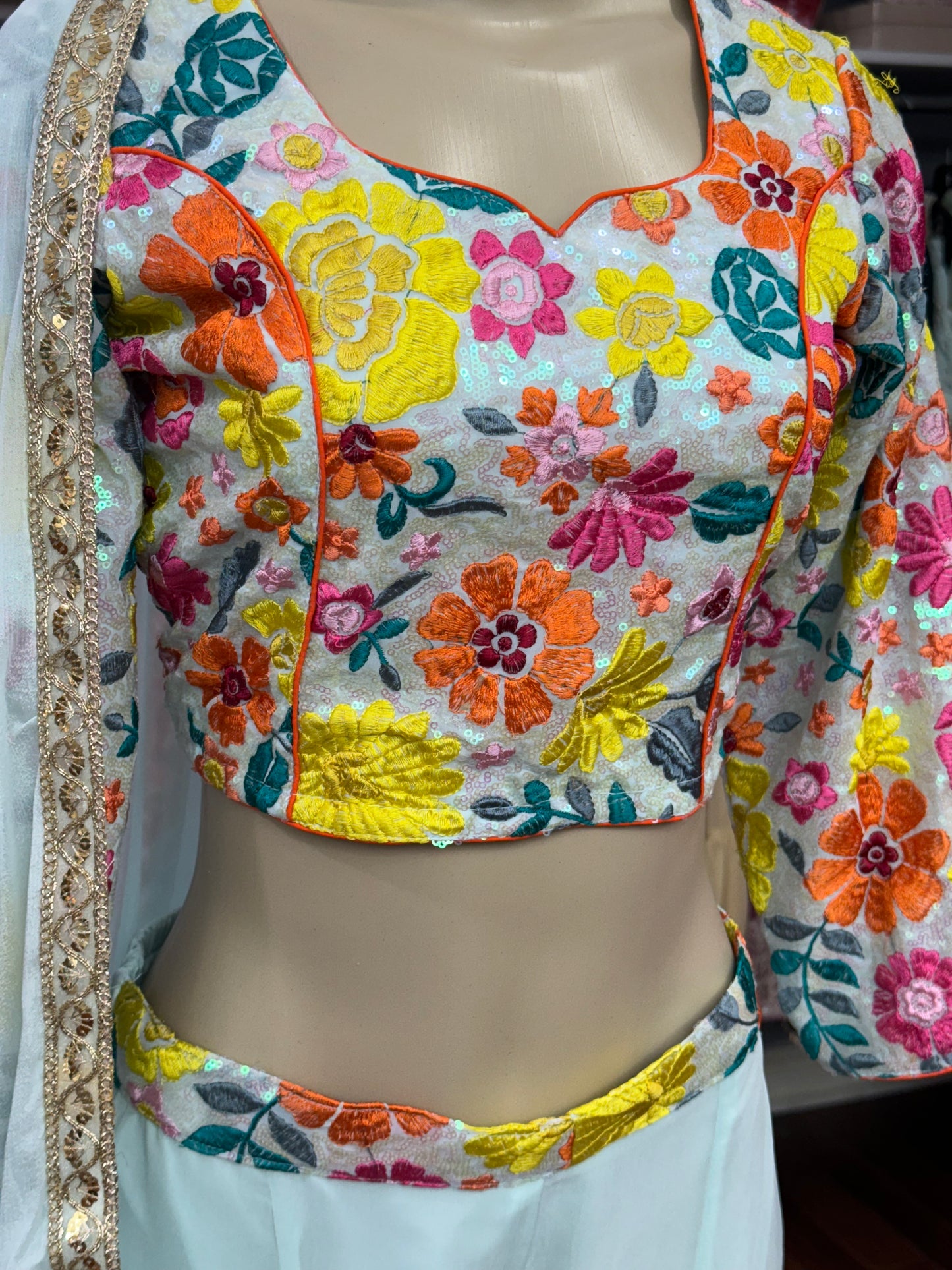 Thread Work Short Top Mint Sharara Suit