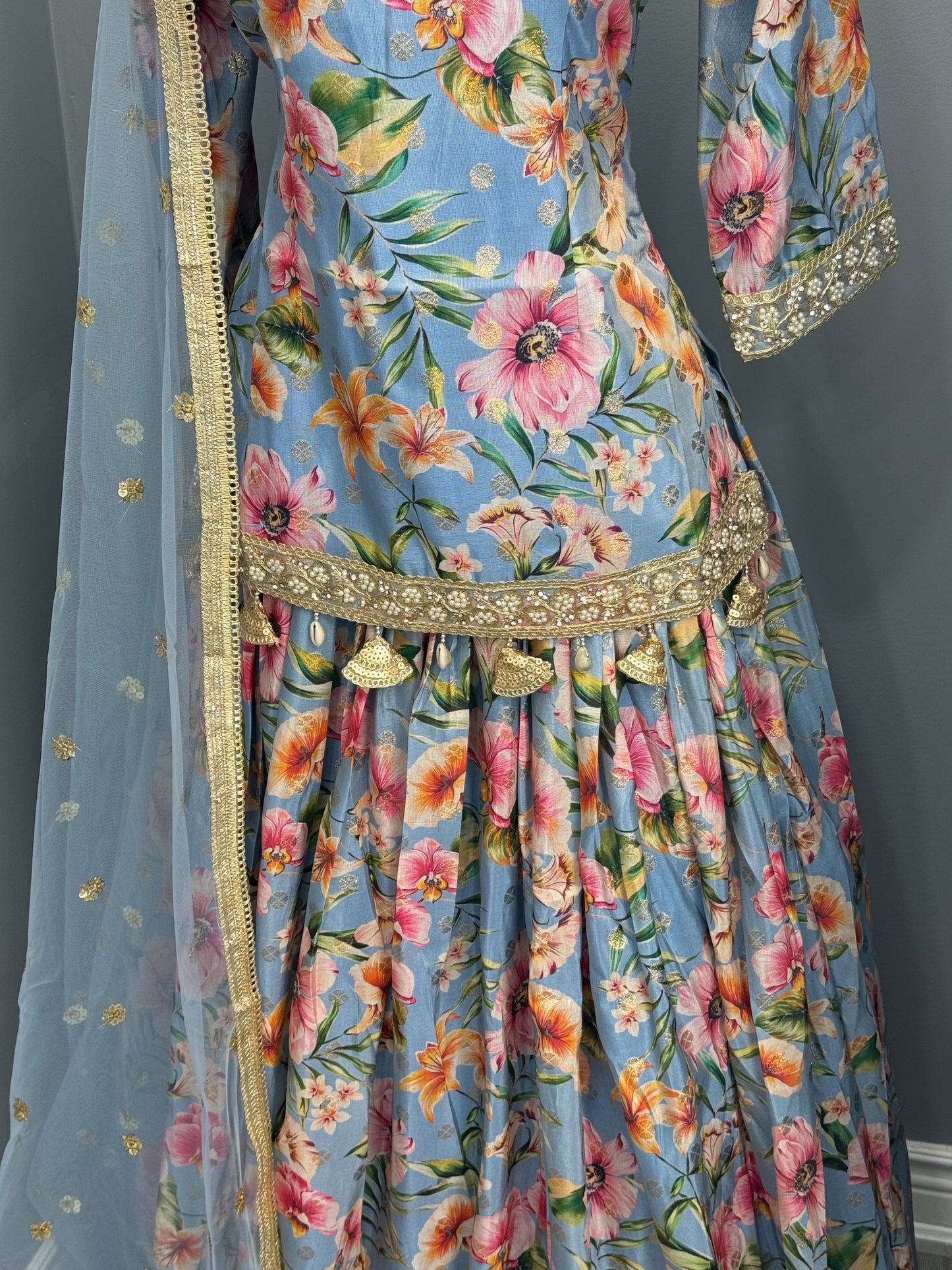 Floral Short Kurti Lehenga- Blue