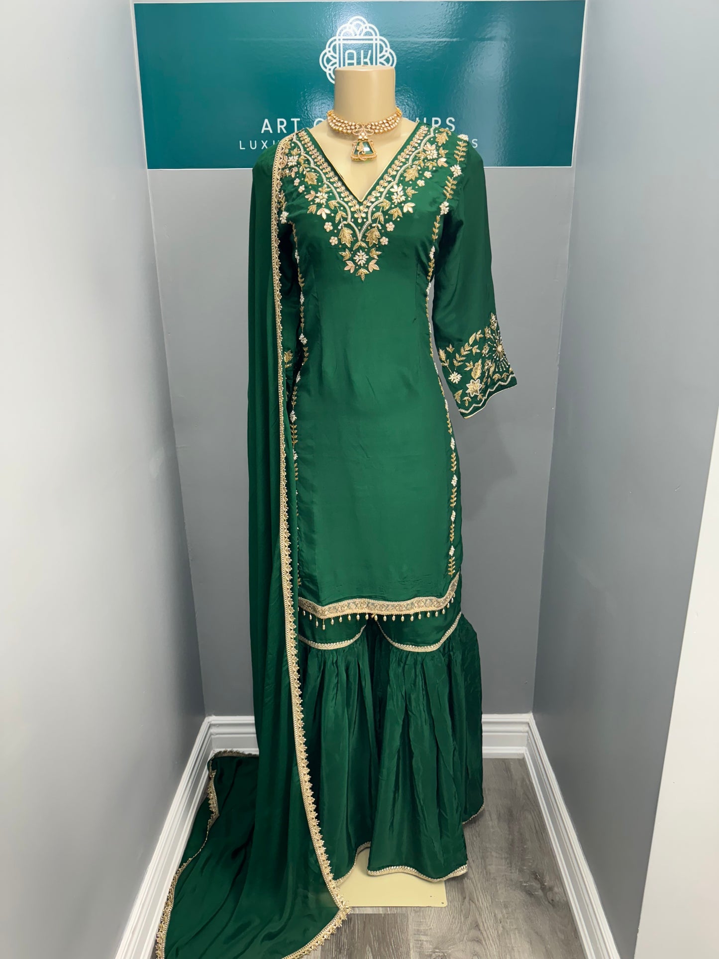 Handwork Bottle Green Gharara Suit