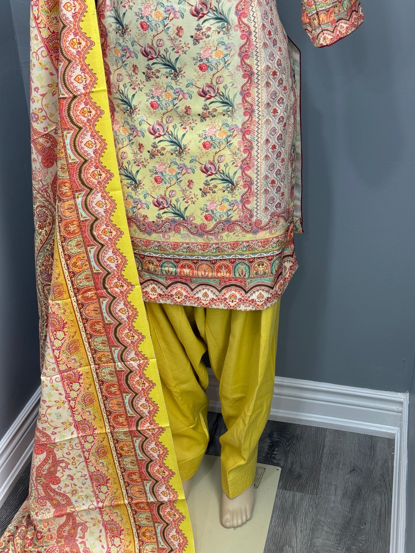 Printed Pashmina Salwar Suit- Yellow