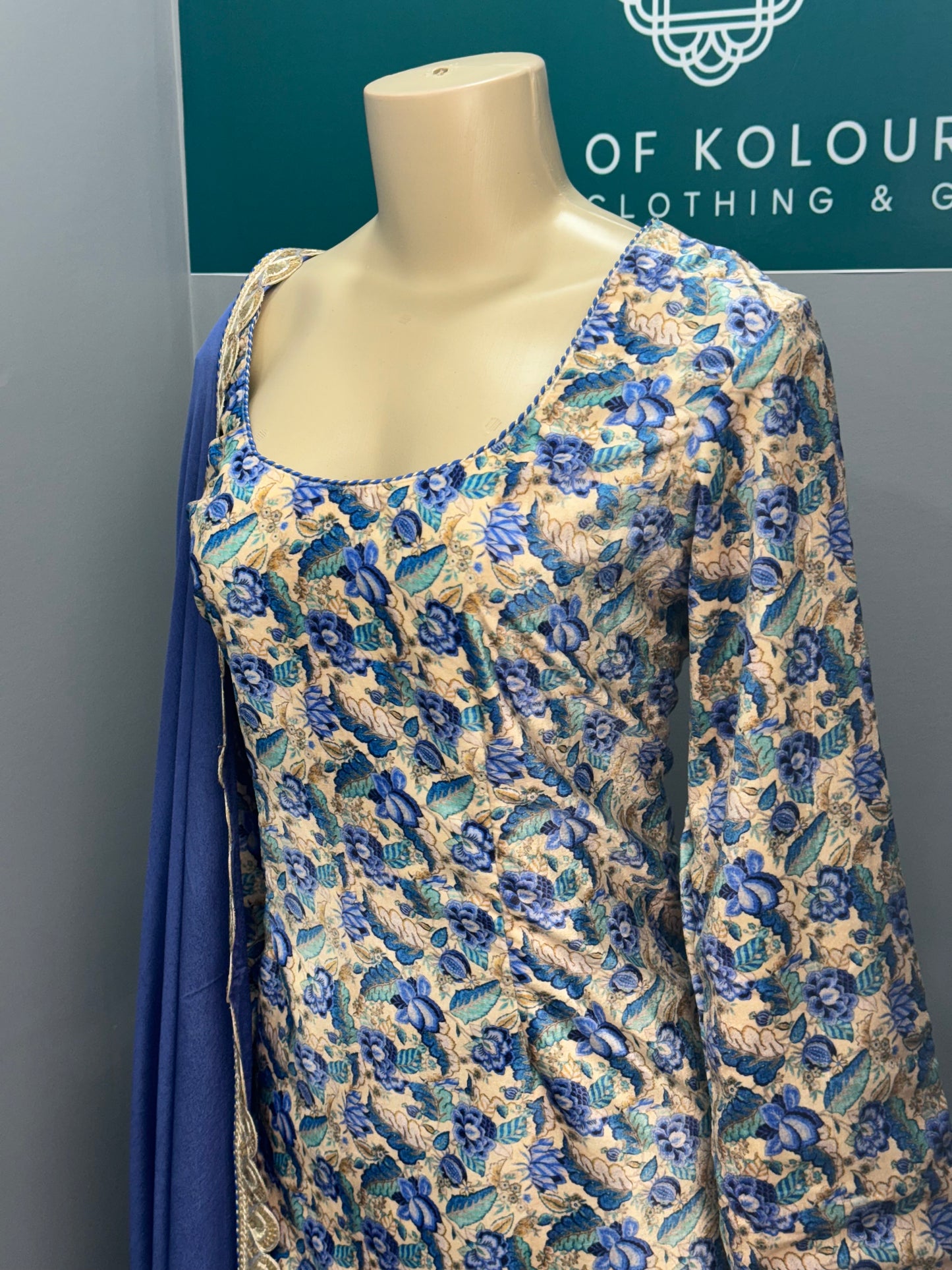 Printed Velvet Salwar Suit- White Blue