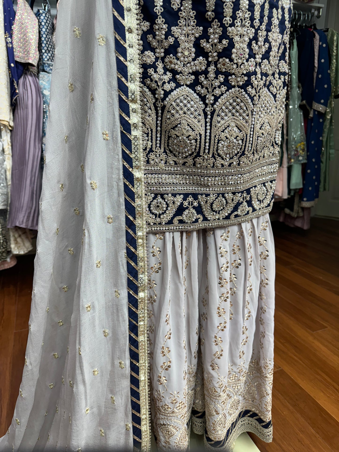 Heavy Stone Work Navy and Grey Gharara Suit