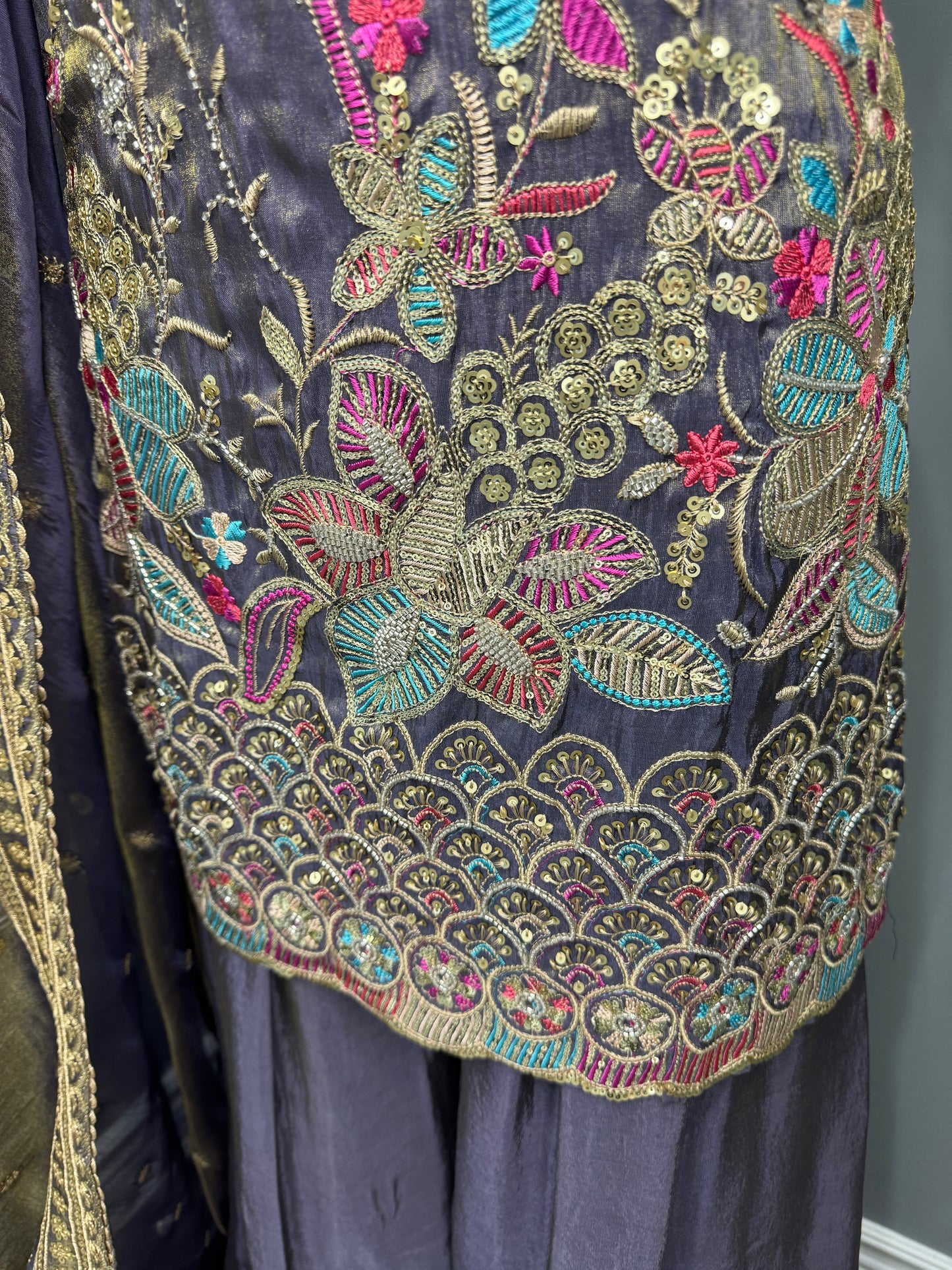 Lavender Soneri Phulkari Sharara Suit