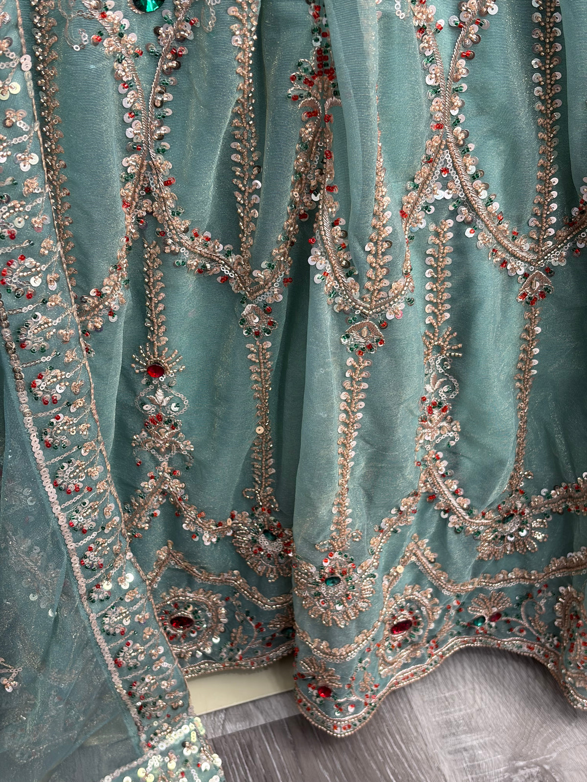 Green Jewel Beaded Lehenga- AK6974-3726