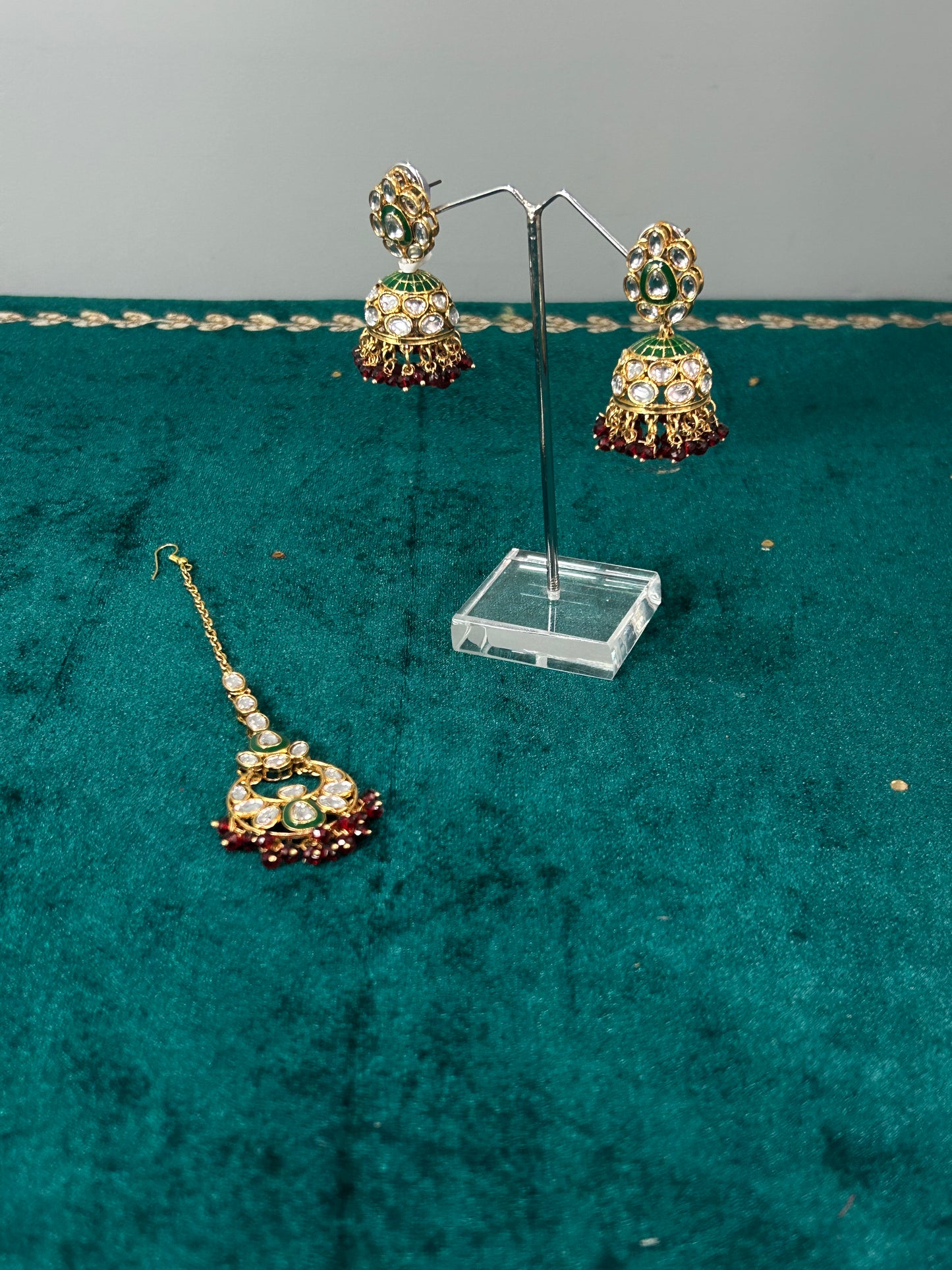 Green and Red Komal Earrings Tikka Set