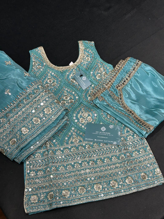 Teal Embroidery Kids Gharara Suit