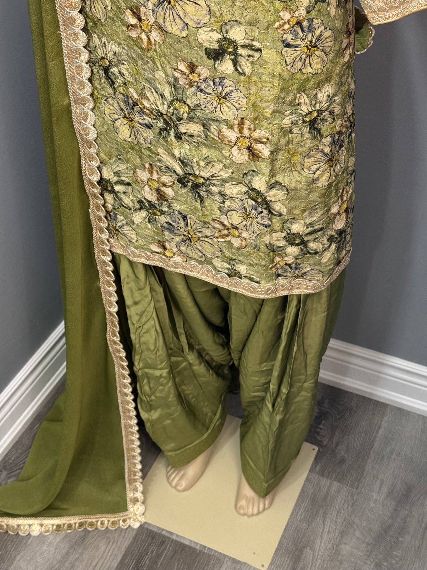 Printed Sequence Salwar Suit- Mendhi