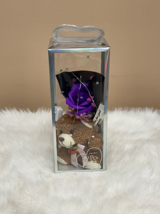 Flower Teddy Box- Brown with Purple