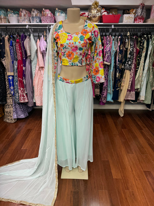 Thread Work Short Top Mint Sharara Suit