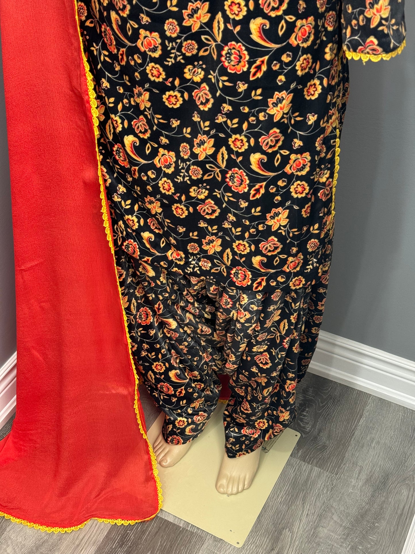 Printed Velvet Salwar Suit- Black Yellow