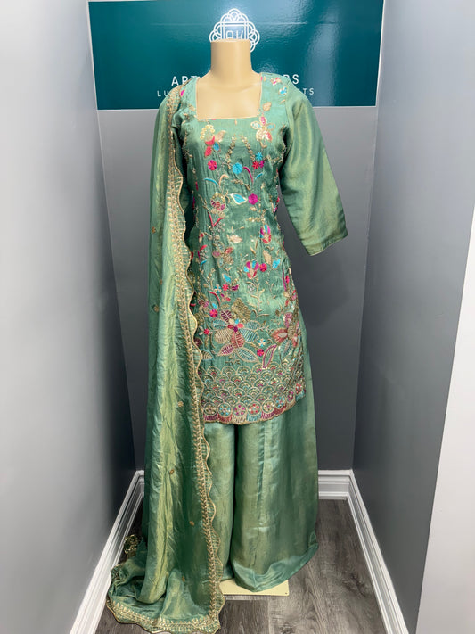 Pista Soneri Phulkari Sharara Suit