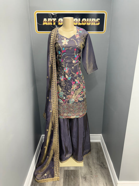 Lavender Soneri Phulkari Sharara Suit