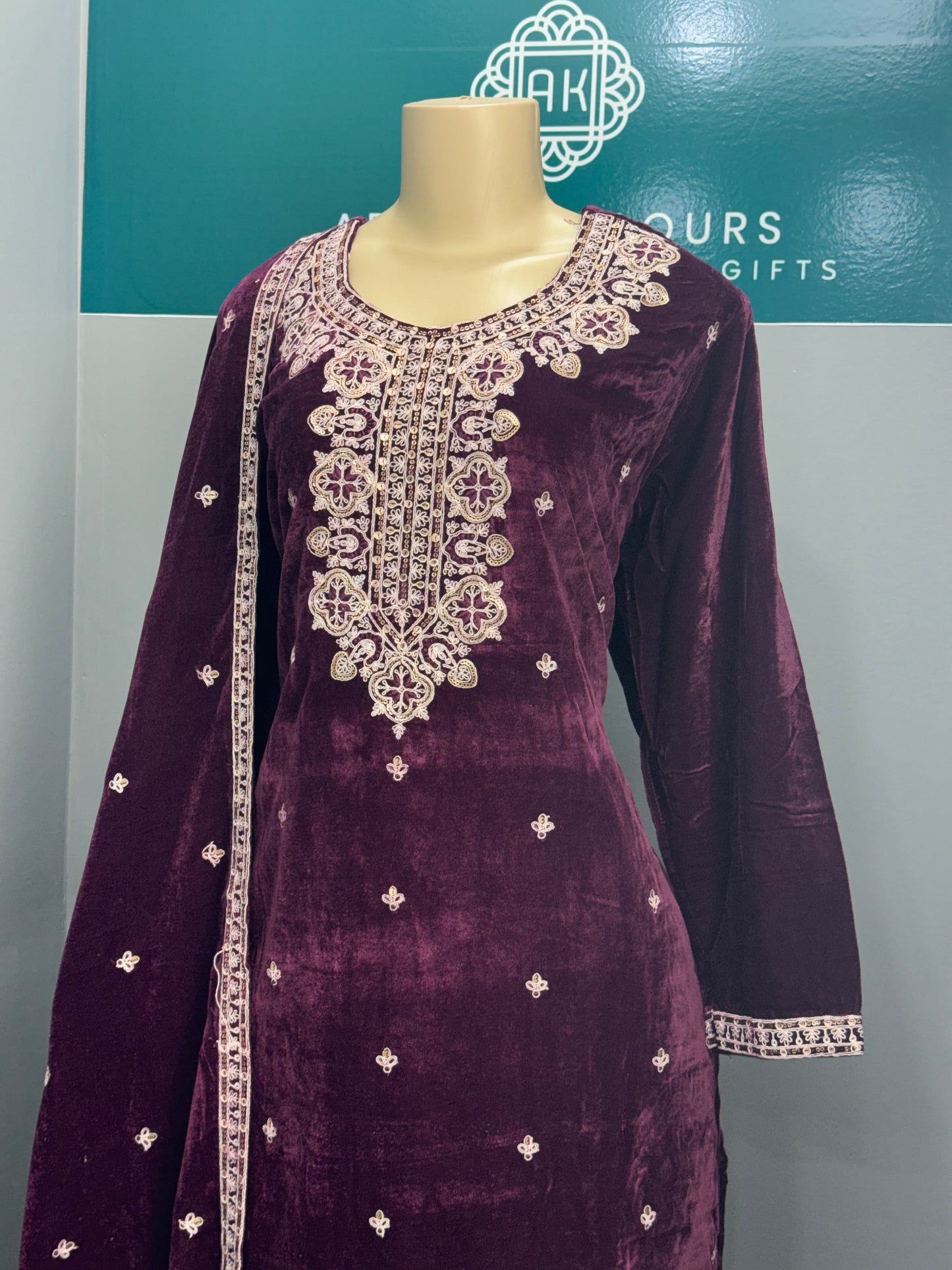 Wine Velvet Readymade Plazo Suit- AK7475-05