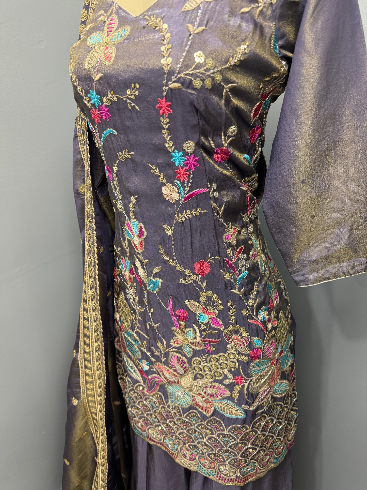 Lavender Soneri Phulkari Sharara Suit