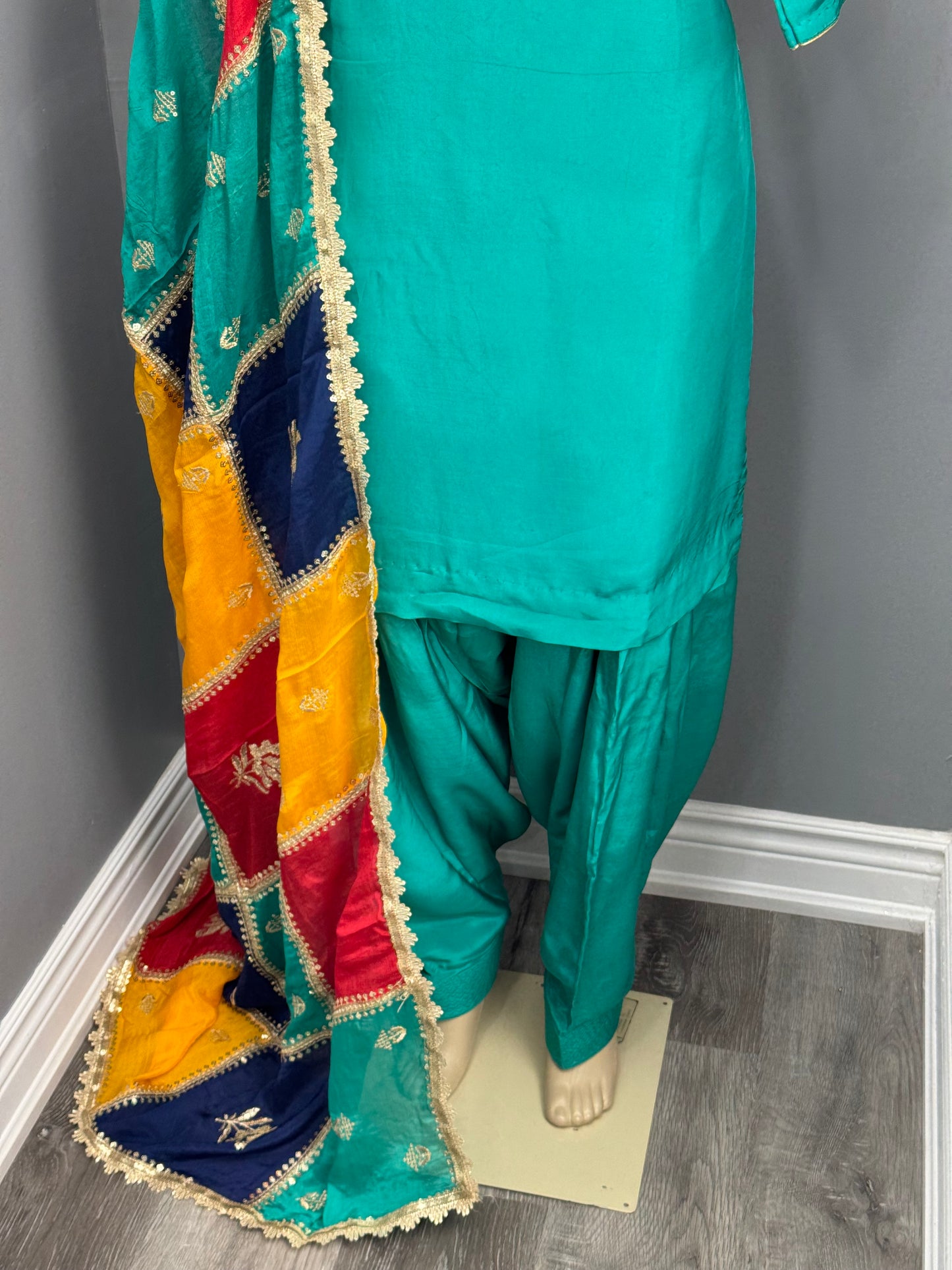 Plain Dark Teal Salwar Suit with Multicoloured Dupatta