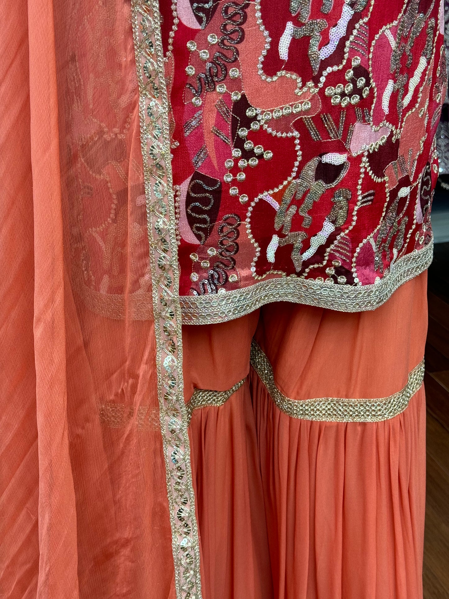 Sequence Work Multi Orange Gharara Suit
