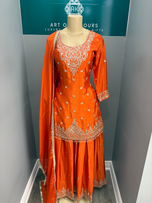 Beaded Short Kurti Lehenga Rust- AK7173-16
