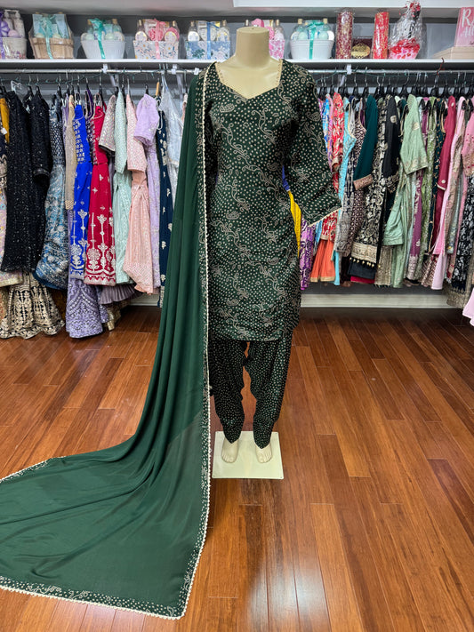 Bandhani Print Salwar Suit Bottle Green