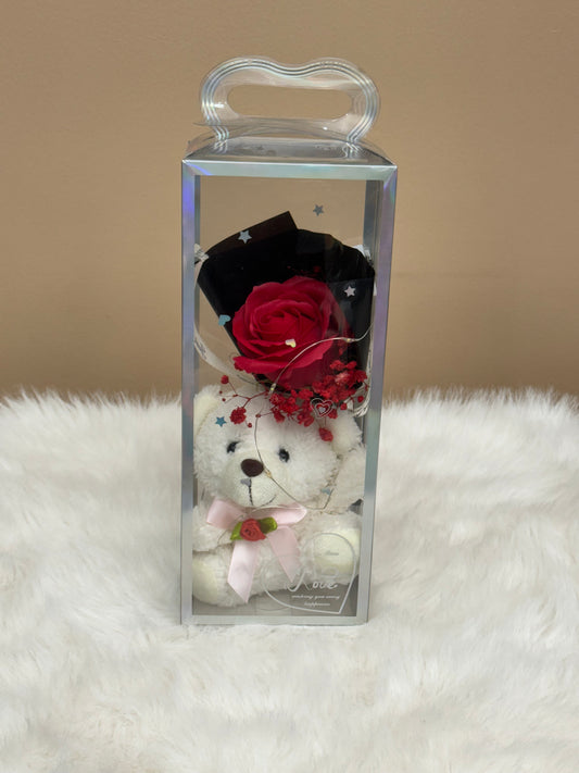 Flower Teddy Box- White with Red
