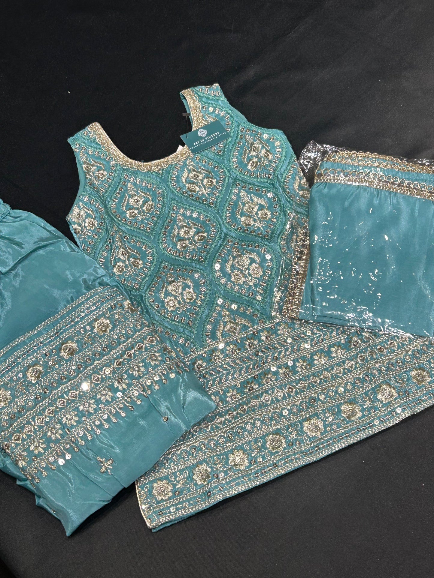 Teal Embroidery Kids Gharara Suit