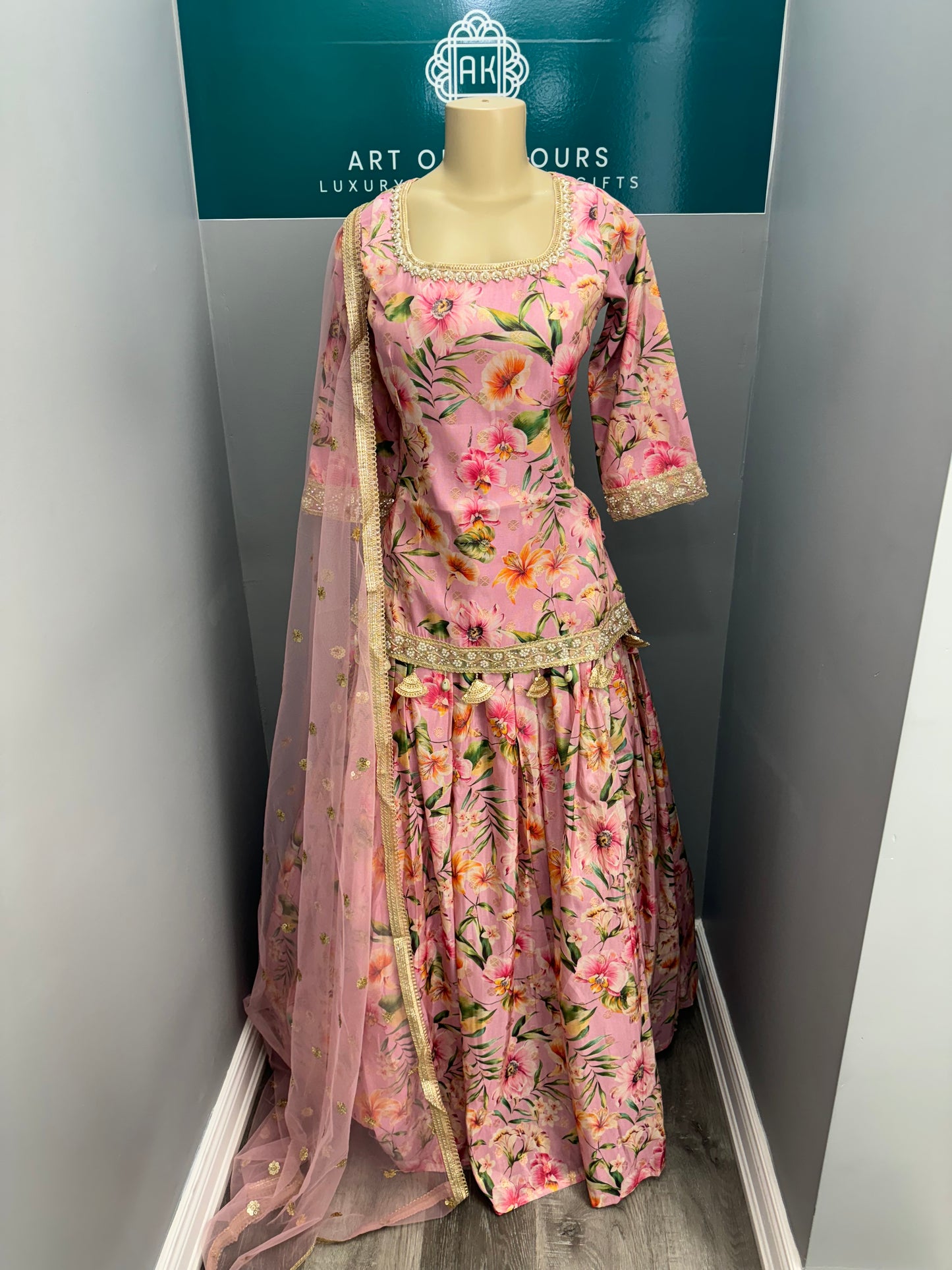 Floral Short Kurti Lehenga- Pink