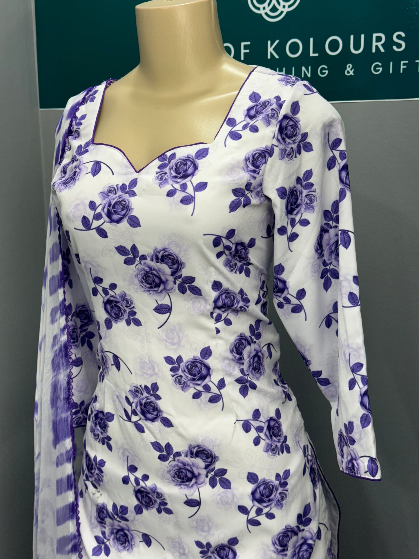 Printed Crepe Salwar Suit- White Purple