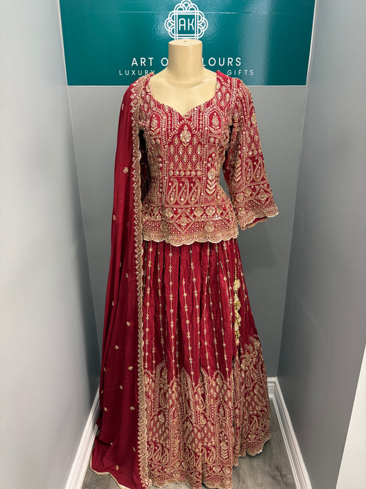 Maroon Paisley Beaded Short Kurti Lehenga- AK6974-1526