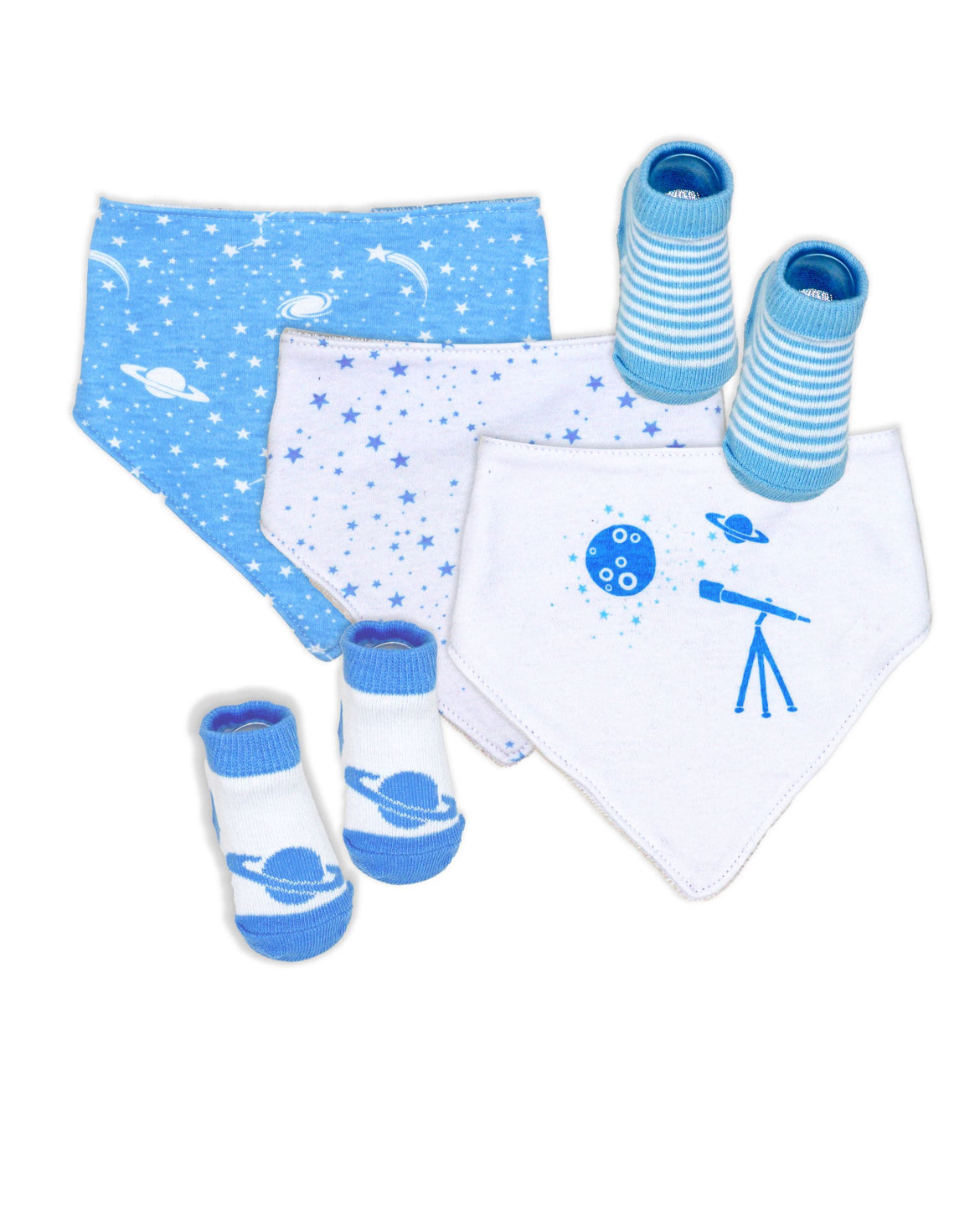 5 pc Bibs and Socks - Blue Galaxy