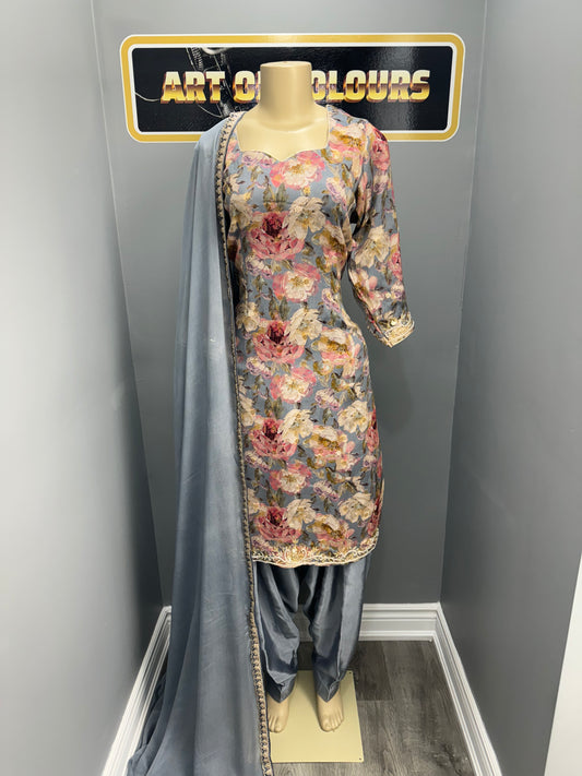 Sonam Printed Handwork Salwar Suit Grey