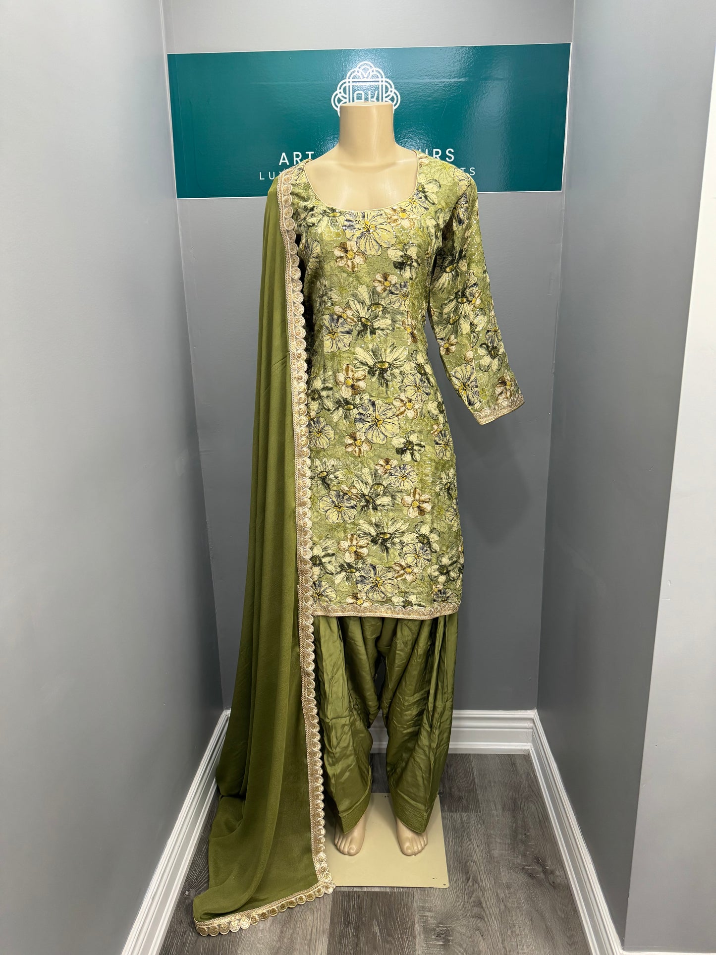 Printed Sequence Salwar Suit- Mendhi