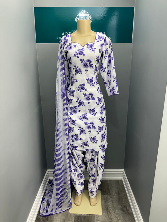 Printed Crepe Salwar Suit- White Purple