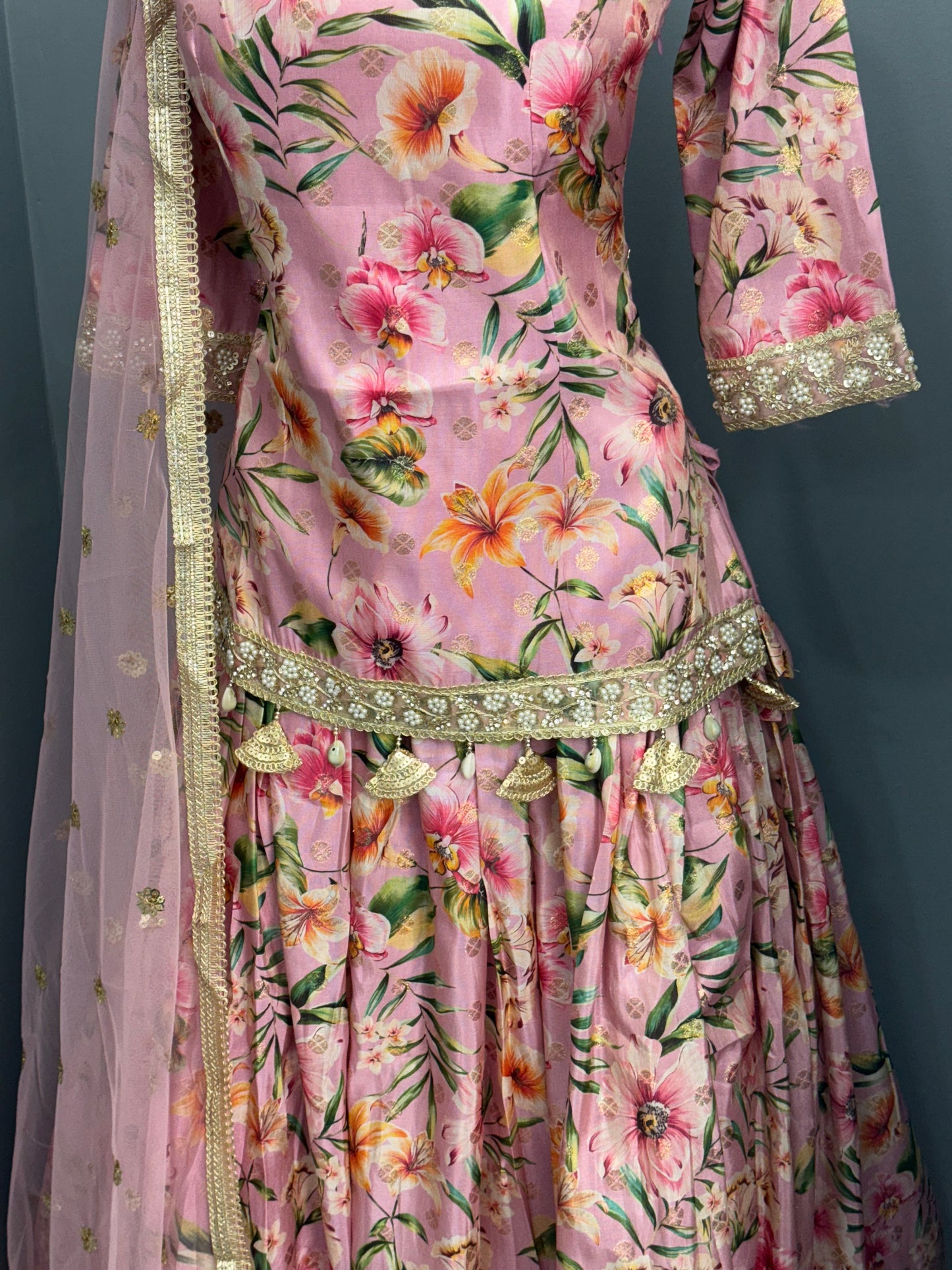 Floral Short Kurti Lehenga- Pink