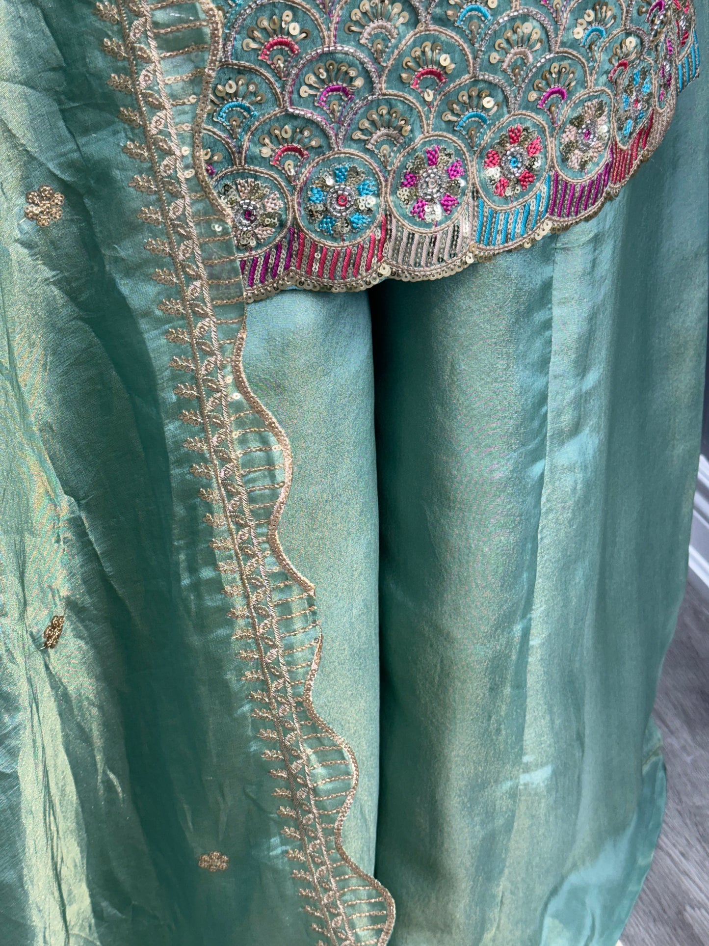 Pista Soneri Phulkari Sharara Suit