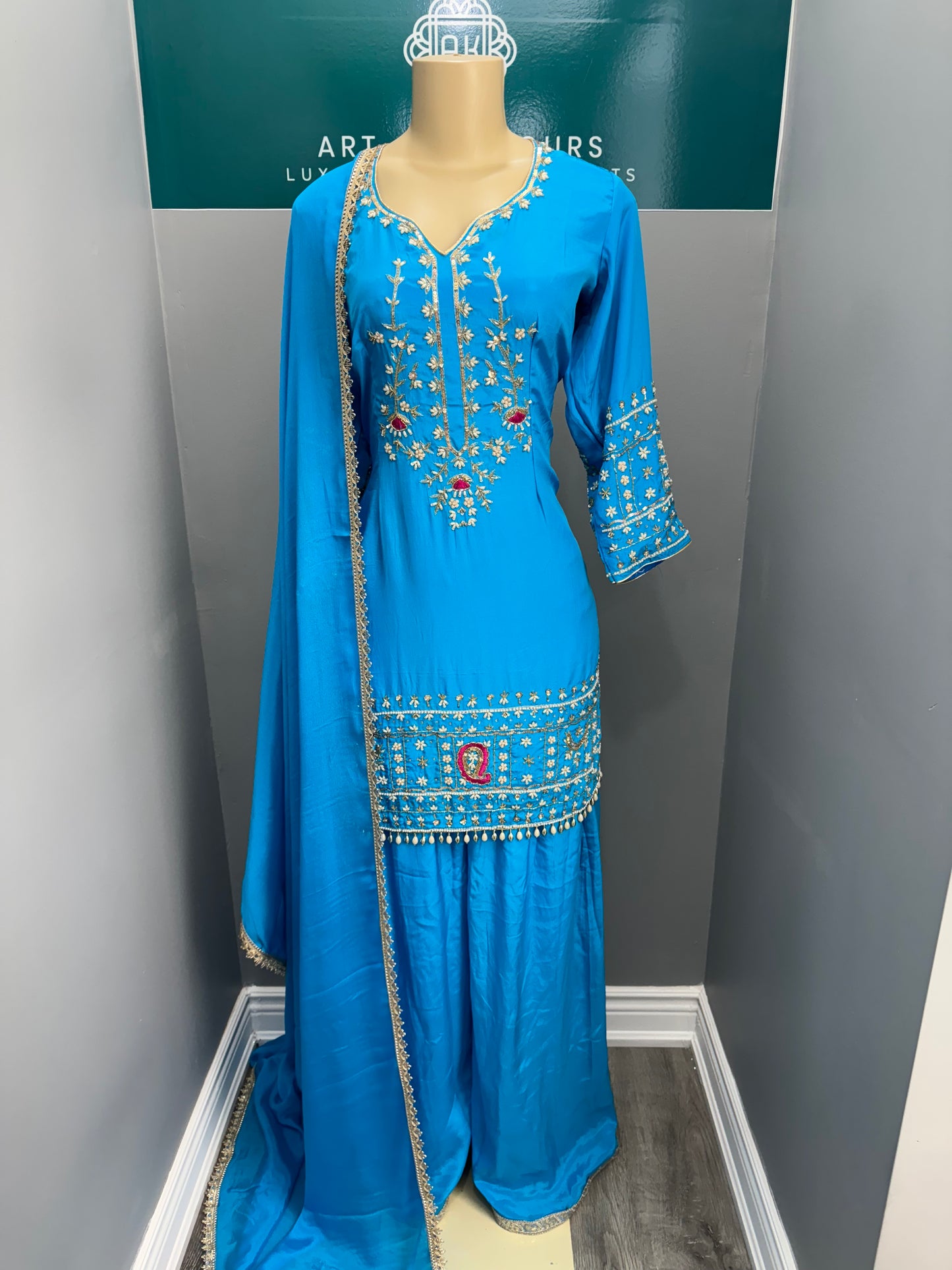 Handwork Sharara Suit- Ferozi