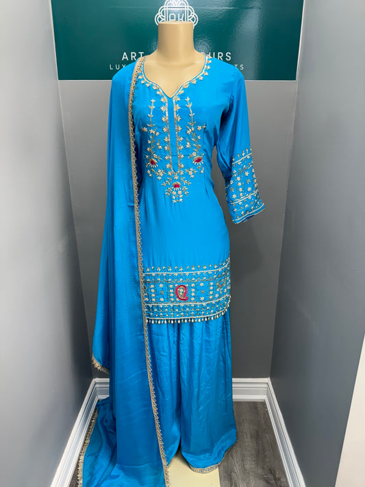 Handwork Sharara Suit- Ferozi