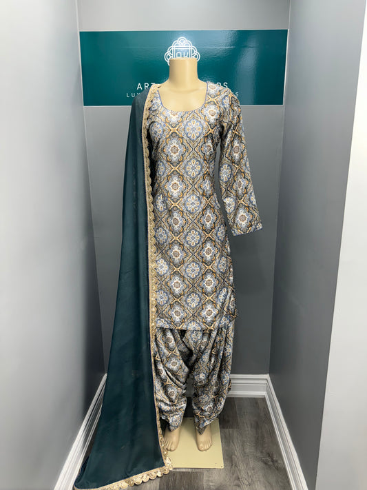 Printed Velvet Salwar Suit- Blue Grey