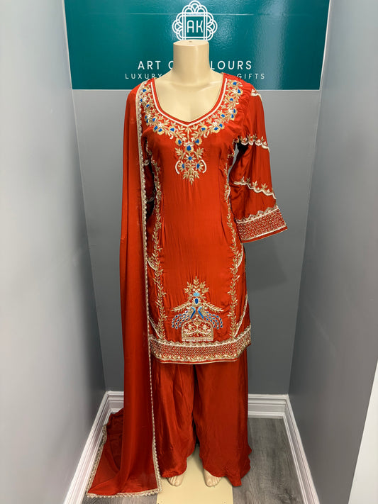 Rust Pure Crepe Handwork Sharara Suit AK 65-0526