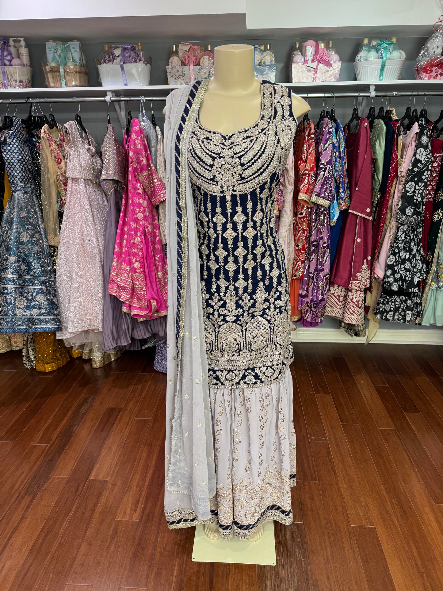 Heavy Stone Work Navy and Grey Gharara Suit