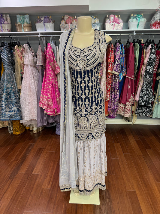 Heavy Stone Work Navy and Grey Gharara Suit