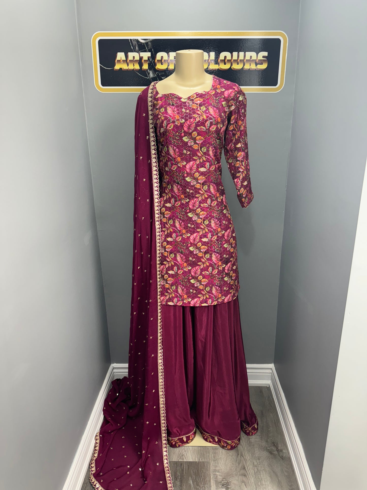 Wine Jasmine Gulzar Sharara Suit