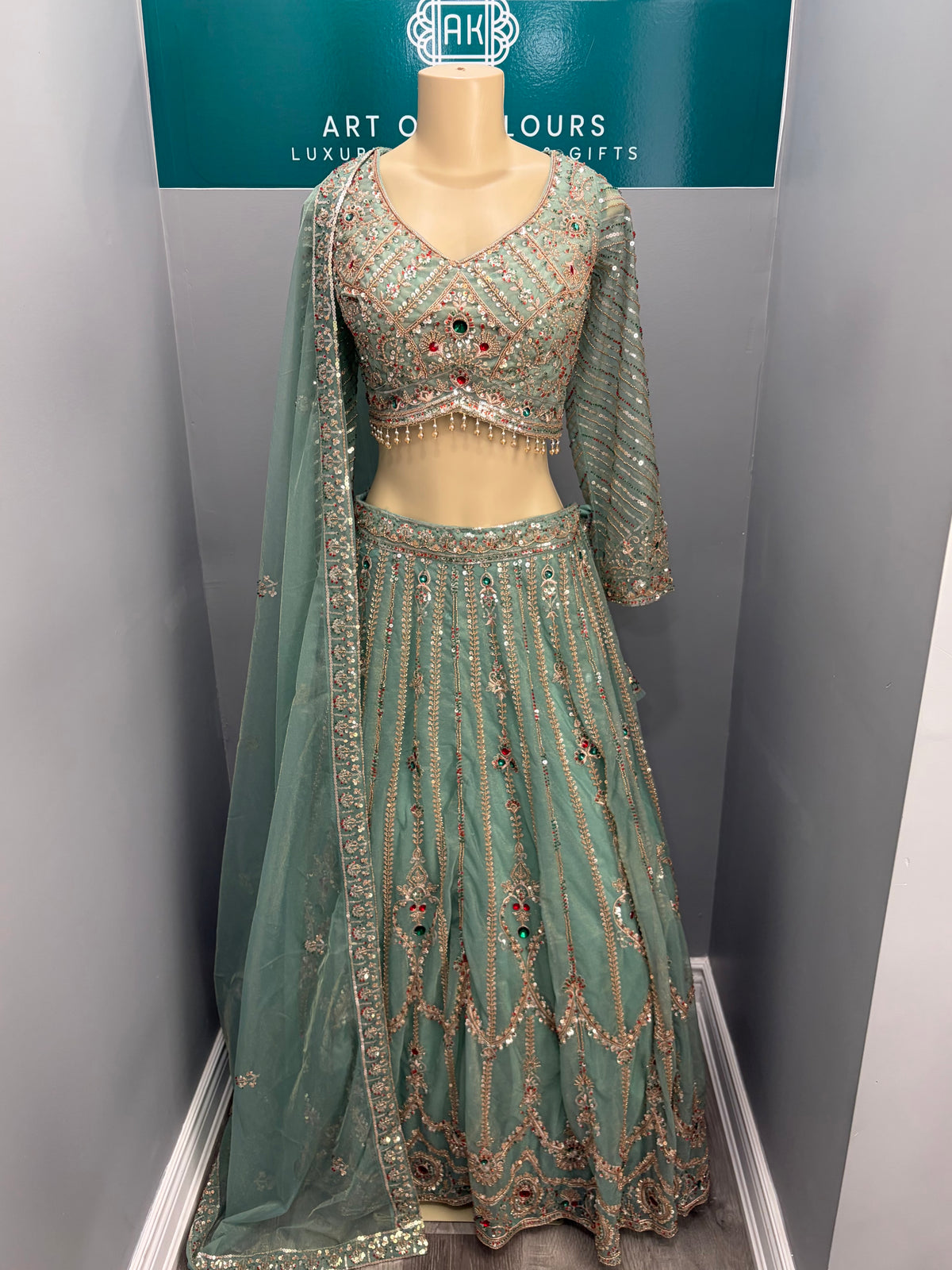 Green Jewel Beaded Lehenga- AK6974-3726