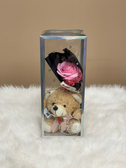 Flower Teddy Box- Tan with Pink