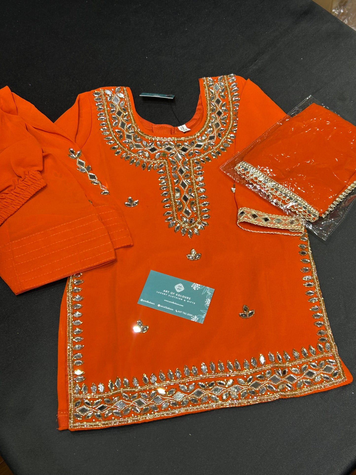 Kids Orange Mirror Work Salwar Suit (Size 20~34)