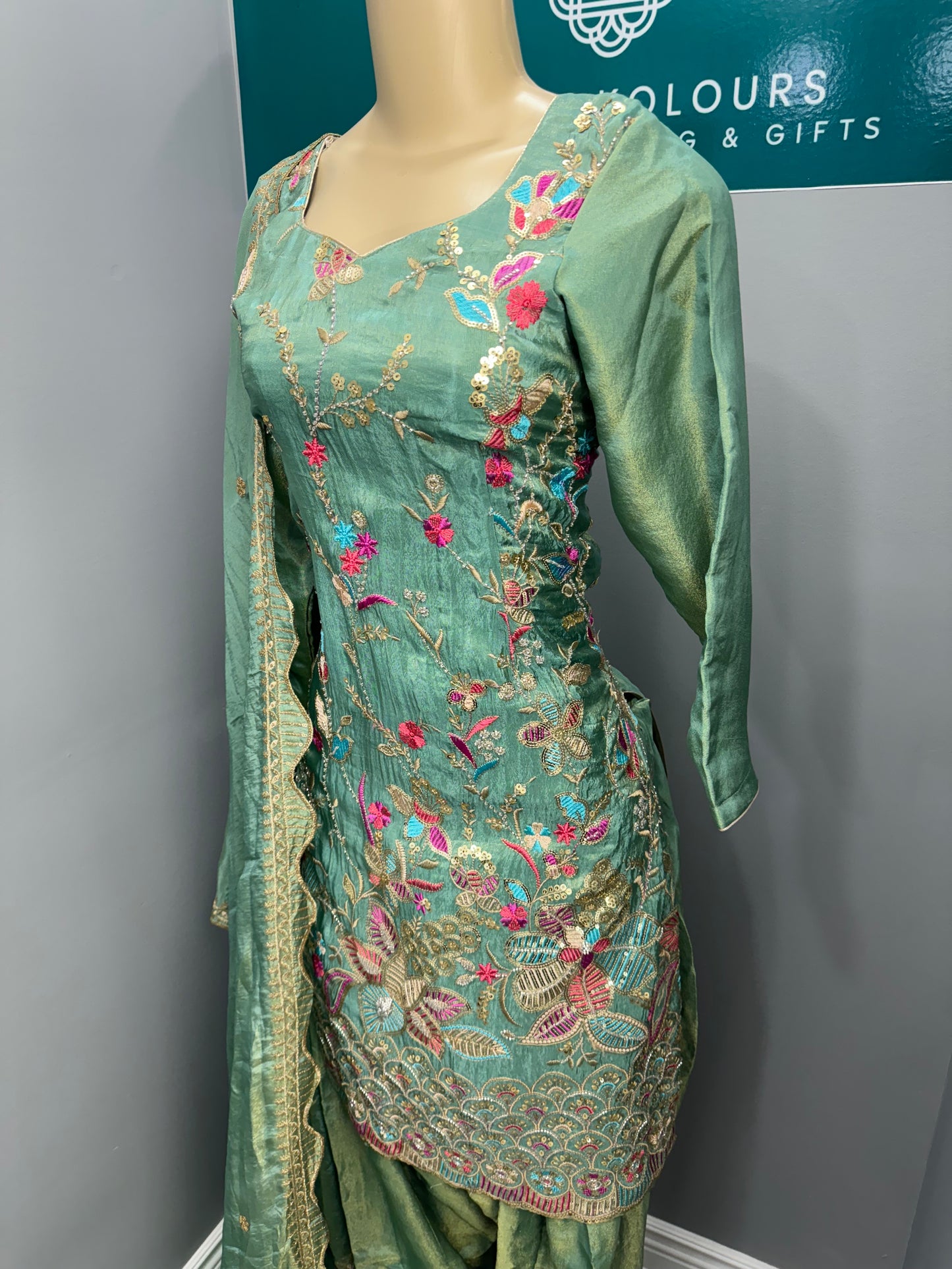 Pista Soneri Phulkari Salwar Suit