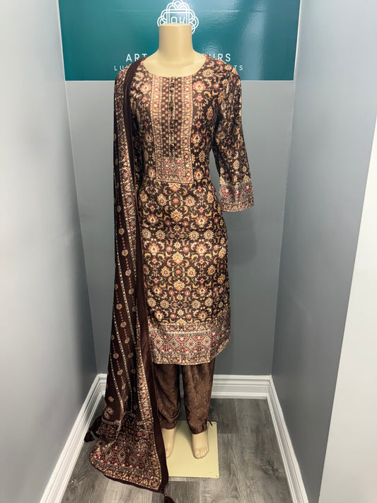 Printed Velvet Readymade Plazo Suit- AK7475-07