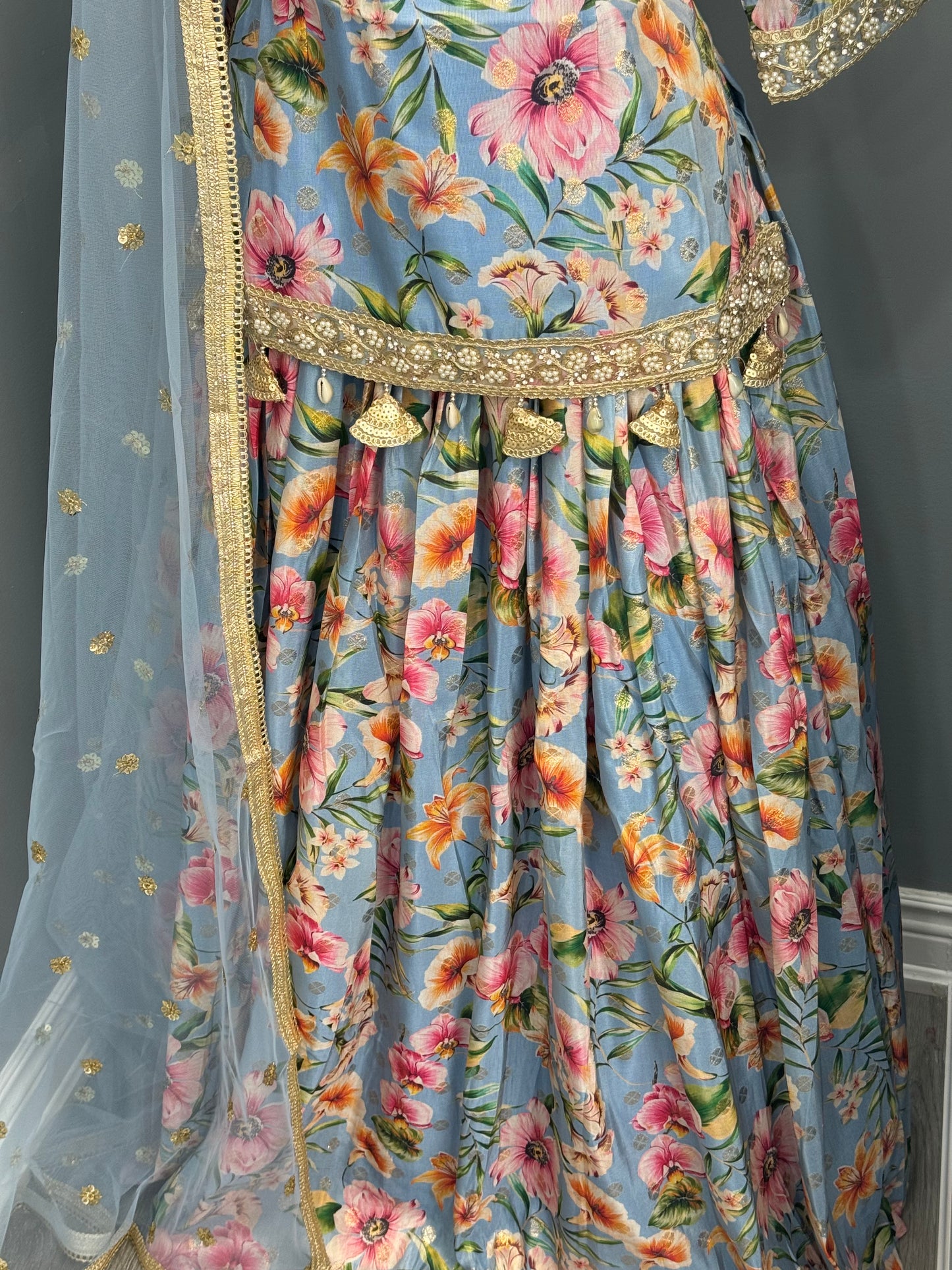 Floral Short Kurti Lehenga- Blue