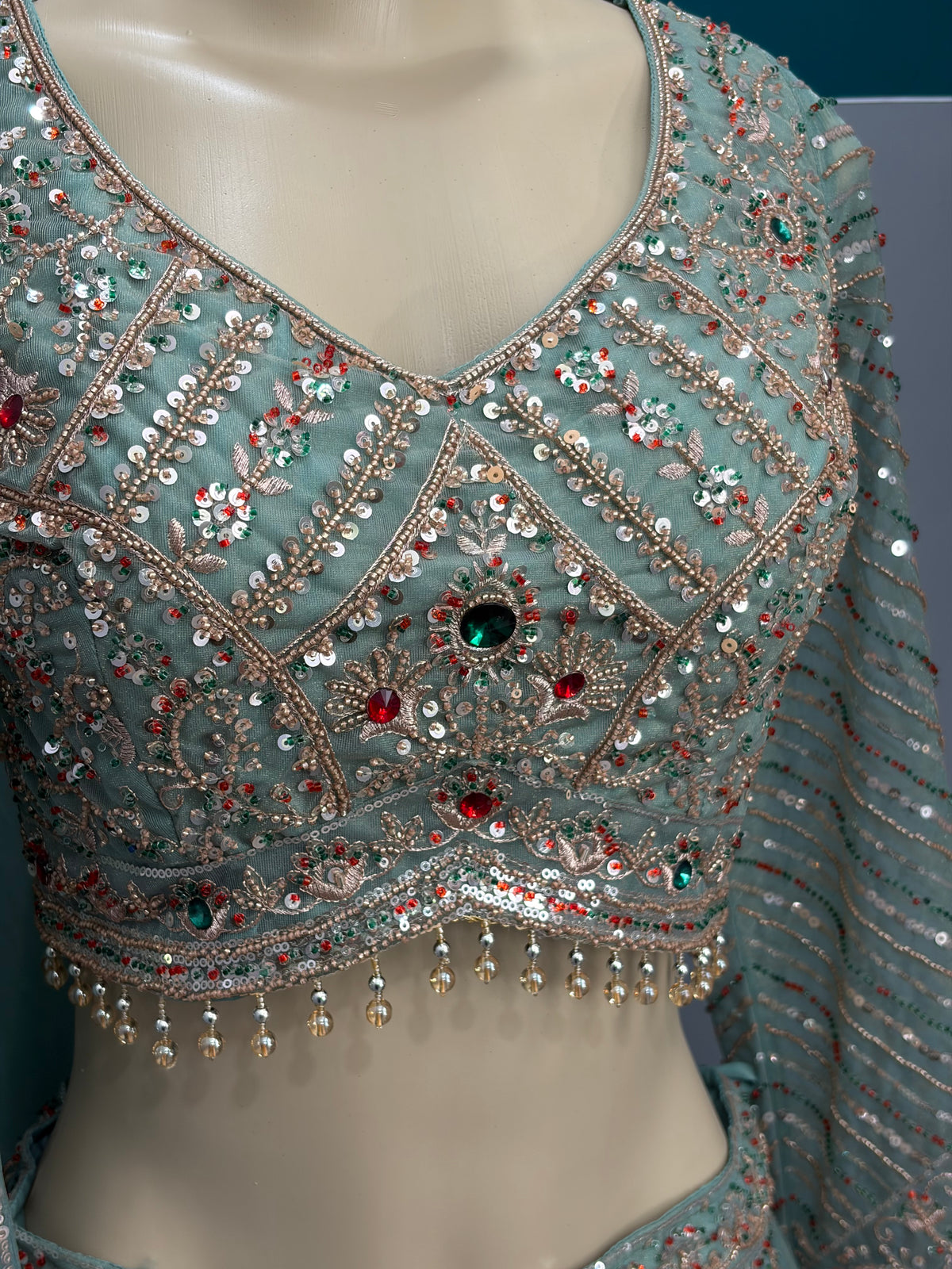 Green Jewel Beaded Lehenga- AK6974-3726